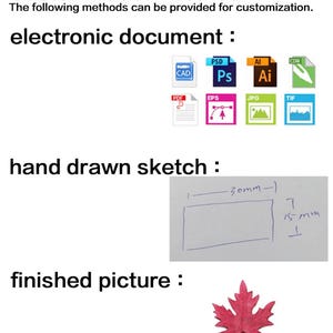 May include: Image detailing customization methods: electronic documents (CAD, PSD, AI, CDR, PDF, EPS, JPG, TIF), a hand-drawn sketch with measurements, and a finished picture of a red maple leaf.