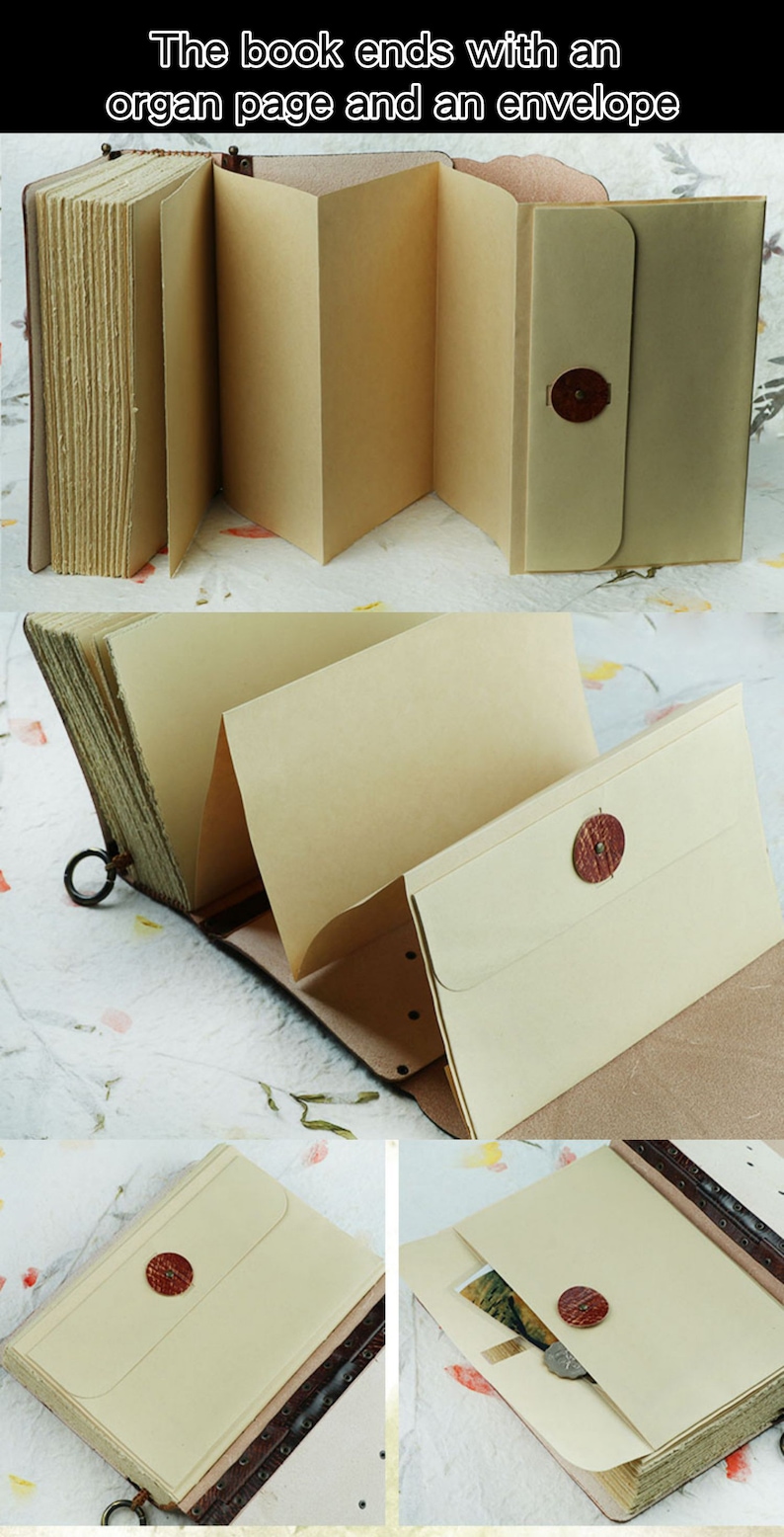 Pu&ograve; includere: Un diario fatto a mano con copertina in pelle e pagine di carta invecchiata. Il libro include una pagina a fisarmonica e una busta con sigillo di cera. Il testo nell'immagine recita: "Il libro termina con una pagina d'organo e una busta."