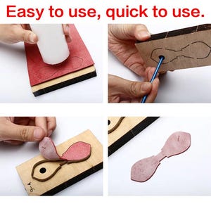 May include: A four-panel image demonstrating a craft project. The top left shows a white object pressing down on red material. The top right shows a tool being inserted into a wooden cutout. The bottom left shows the material being removed. The bottom right shows the finished product. Text reads: "Easy to use, quick to use."