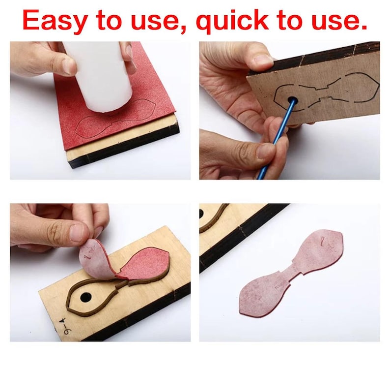 May include: A four-panel image demonstrating a craft project. The top left shows a white object pressing down on red material. The top right shows a tool being inserted into a wooden cutout. The bottom left shows the material being removed. The bottom right shows the finished product. Text reads: "Easy to use, quick to use."