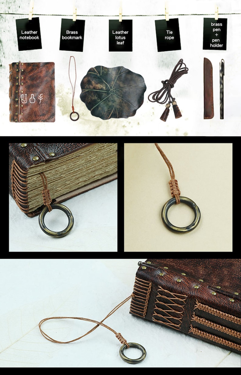 Pu&ograve; includere: Una collezione di articoli in pelle fatti a mano, tra cui un taccuino, un segnalibro, una foglia di loto, una corda, una penna e un portapenne. Il taccuino marrone ha borchie metalliche e bordi cuciti. Il segnalibro ha un anello di ottone.