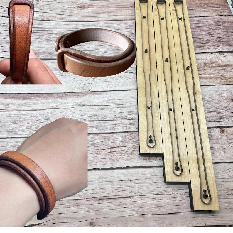 May include: A set of brown leather bracelets and a wooden die-cut template. The bracelets are made of thick, stitched leather. The die-cut template has several long, thin, curved shapes, likely for leather crafting. The bracelets appear to be approximately 2 inches wide.