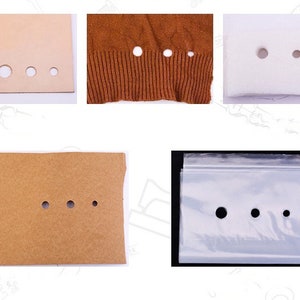 May include: A collection of materials, including leather, fabric, foam, cardboard, and a plastic bag, each with multiple circular holes of varying sizes. The holes appear to be evenly spaced.