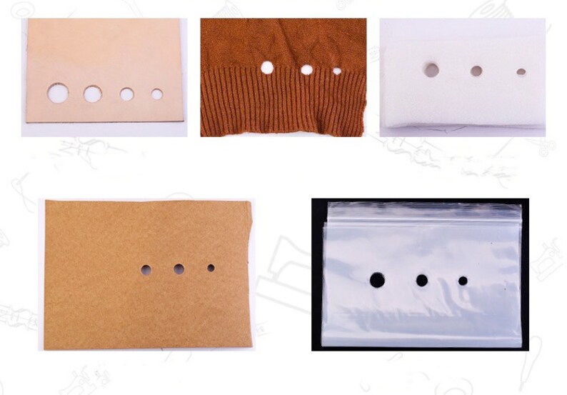 May include: A collection of materials, including leather, fabric, foam, cardboard, and a plastic bag, each with multiple circular holes of varying sizes. The holes appear to be evenly spaced.
