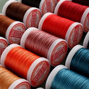 Op de afbeelding: Een verzameling kleurrijke polyester garenklosjes. De klosjes zijn in verschillende tinten, waaronder rood, oranje, bruin en blauwgroen. Elk klosje heeft een witte basis en een label met de tekst "TEN COLORS OF LIGHT". De draad is 0,5 mm dik.