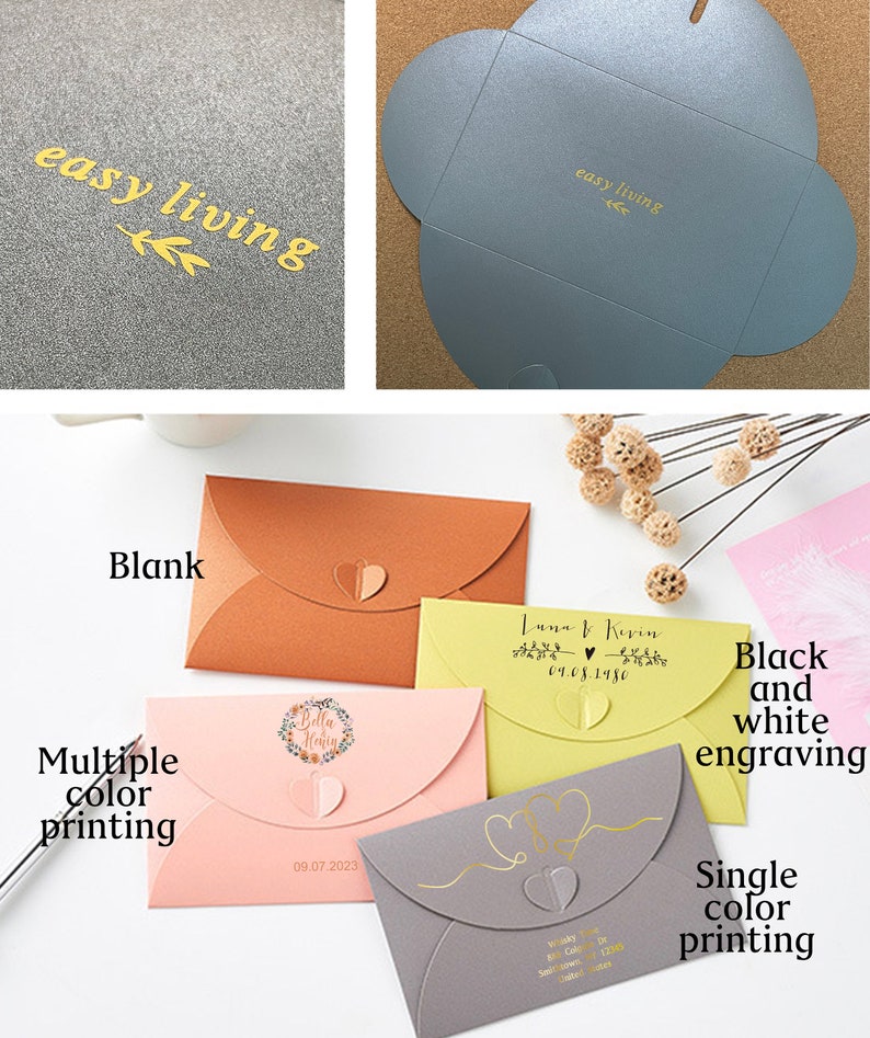 May include: Assortment of invitation envelopes in various colors, including peach, pink, yellow, and gray. Some envelopes feature heart-shaped closures and text such as "easy living," names, and dates. Printing options include blank, single-color, multiple-color, and black and white engraving.