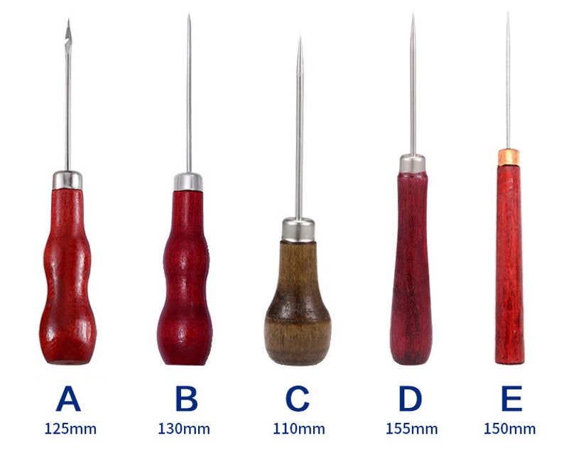 May include: Five awls with wooden handles and metal tips are displayed against a white background. The handles vary in shape and color, with measurements ranging from 110mm to 155mm. The awls are labeled A through E.