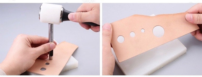 May include: A person using a mallet and punch tool to create holes in a piece of tan leather. The leather is placed on a white surface. The image shows the process of leather crafting, with various sized holes punched into the leather.