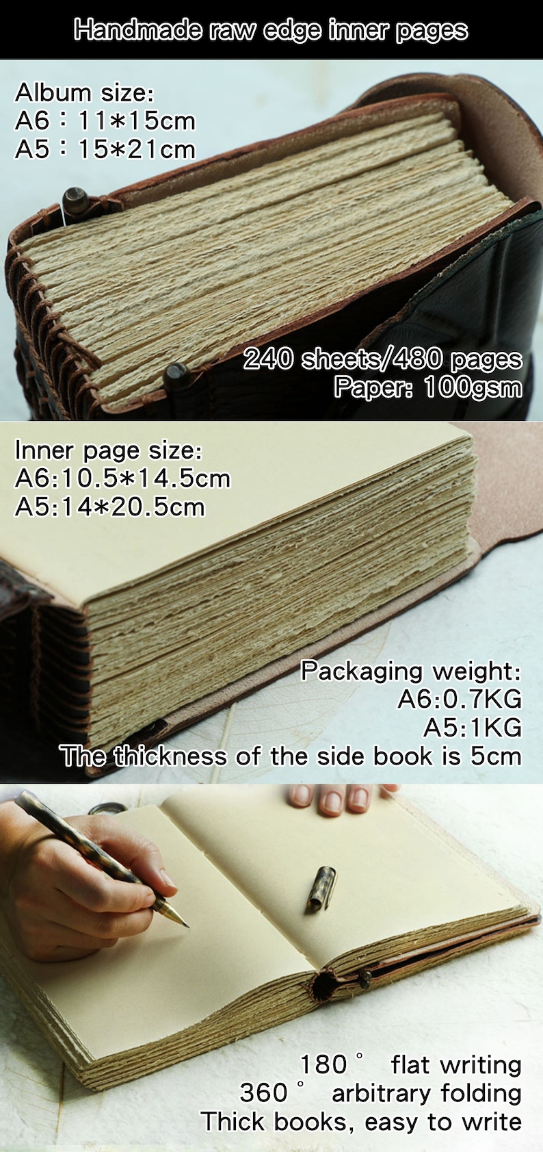 Pu&ograve; includere: Diario fatto a mano con pagine interne a bordo grezzo. Le dimensioni dell'album sono A6: 11x15cm e A5: 15x21cm. Le dimensioni delle pagine interne sono A6: 10,5x14,5cm e A5: 14x20,5cm. Contiene 240 fogli/480 pagine di carta da 100 g/m&sup2;. Lo spessore del libro &egrave; di 5cm.