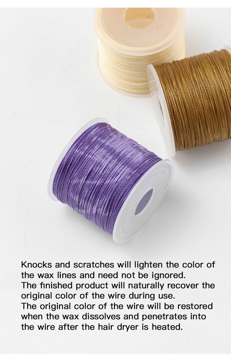 May include: Spools of waxed cord in shades of purple, gold, and cream. The purple cord is in the foreground, with the text "Knocks and scratches will lighten the color of the wax lines and need not be ignored."