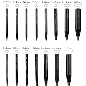 May include: A collection of black leathercraft hole punches in various sizes, including 2x3mm, 2x4mm, 2x5mm, 2x6mm, 2x8mm, 2x10mm, 2x15mm, 2x20mm, 3x4mm, 3x5mm, 3x6mm, 3x8mm, 3x10mm, 3x15mm, and 3x20mm. Each punch is labeled with its size.