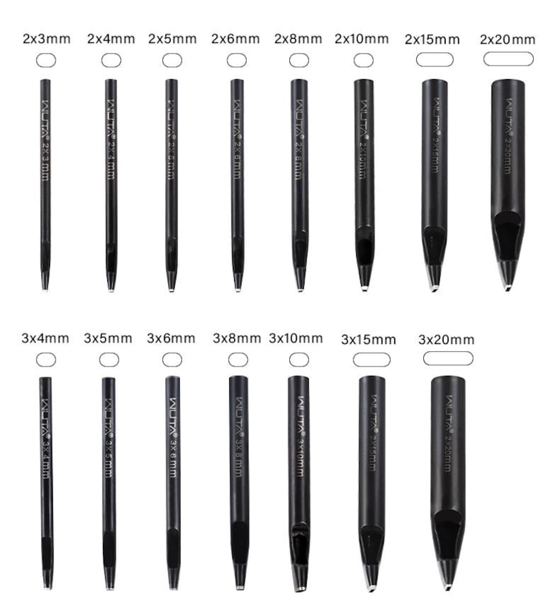 May include: A collection of black leathercraft hole punches in various sizes, including 2x3mm, 2x4mm, 2x5mm, 2x6mm, 2x8mm, 2x10mm, 2x15mm, 2x20mm, 3x4mm, 3x5mm, 3x6mm, 3x8mm, 3x10mm, 3x15mm, and 3x20mm. Each punch is labeled with its size.