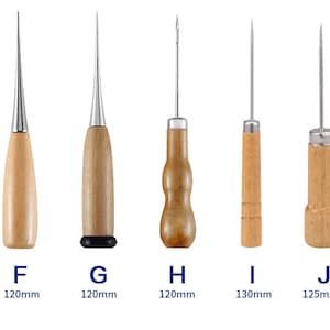 May include: A collection of five awls with wooden handles and metal tips. Each awl has a different handle shape. The lengths are labeled as 120mm, 120mm, 120mm, 130mm, and 125mm.