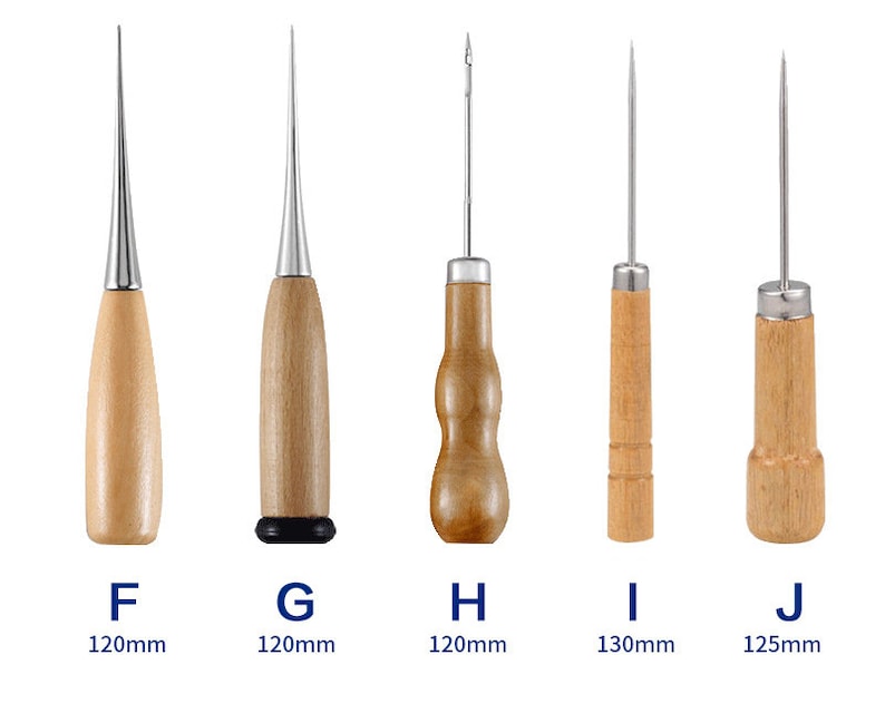 May include: A collection of five awls with wooden handles and metal tips. Each awl has a different handle shape. The lengths are labeled as 120mm, 120mm, 120mm, 130mm, and 125mm.