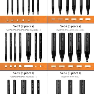 May include: A set of six leathercraft tools, each with a black finish. The tools are arranged in sets of varying quantities, with flat and round punch shapes. Measurements are in millimeters.