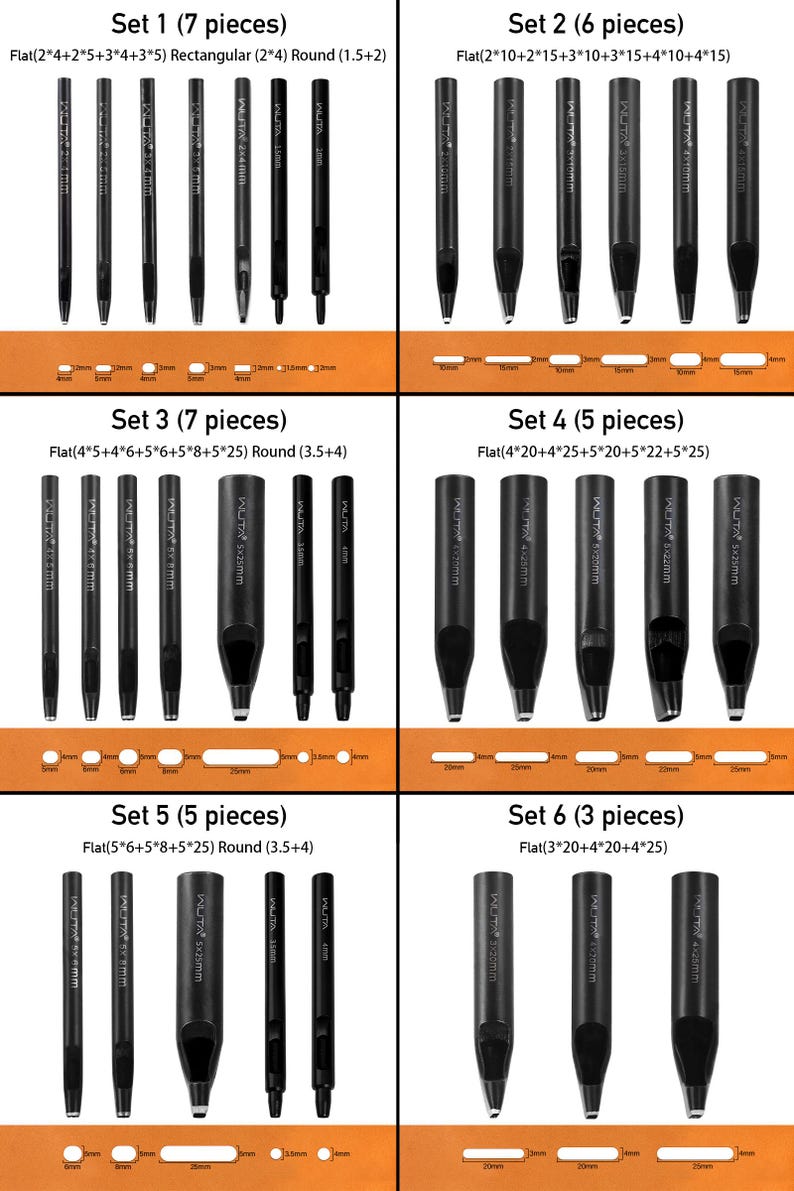 May include: A set of six leathercraft tools, each with a black finish. The tools are arranged in sets of varying quantities, with flat and round punch shapes. Measurements are in millimeters.