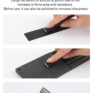 May include: Image showing the process of polishing a flat punch tool. The text "Flat punch polishing" is at the top. The image shows the tool being used on a dark surface. The tool is black with a silver tip.
