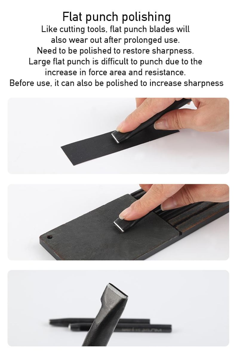 May include: Image showing the process of polishing a flat punch tool. The text "Flat punch polishing" is at the top. The image shows the tool being used on a dark surface. The tool is black with a silver tip.