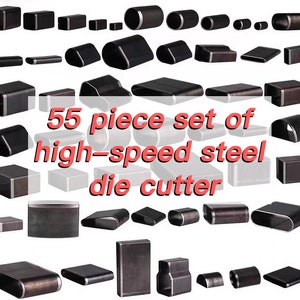 Peut inclure: Un ensemble de 55 découpeurs en acier rapide de différentes formes et tailles. Les découpeurs sont noirs et argentés, avec des designs rectangulaires, cylindriques et incurvés. Le texte "55 piece set of high-speed steel die cutter" est affiché en rouge.
