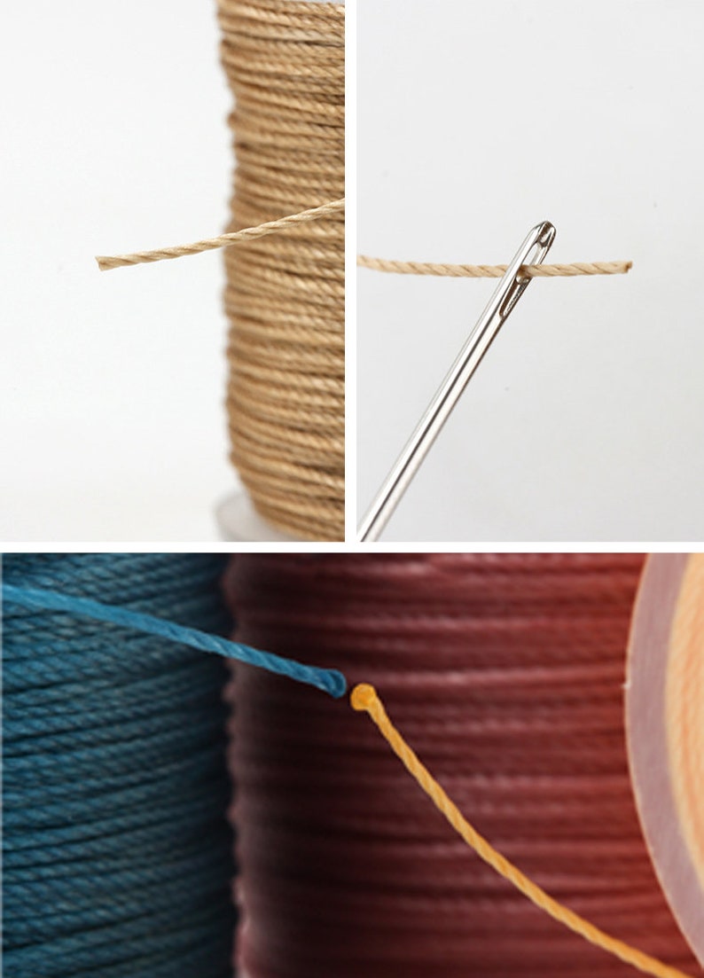 May include: Close-up of a needle threading twine, with a spool of natural-colored twine in the background. The image also shows spools of blue and brown twine. This image is suitable for craft and sewing listings.