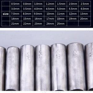 May include: A set of silver metal sockets with sizes ranging from 0.5mm to 25mm. Each socket is engraved with its size. The image also includes a size chart with measurements in millimeters.