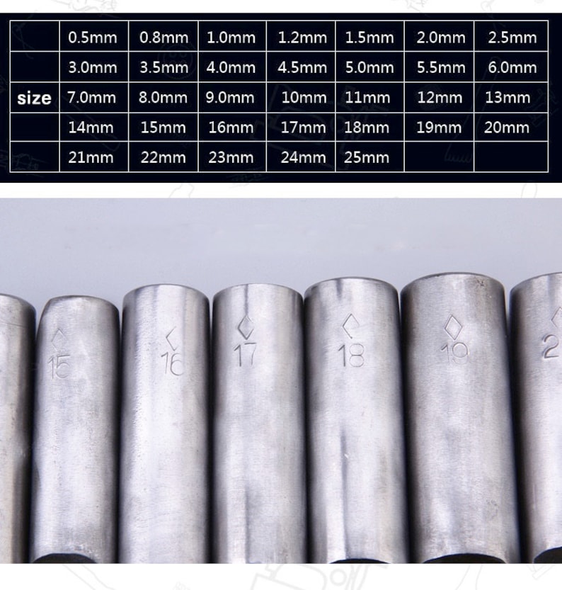 May include: A set of silver metal sockets with sizes ranging from 0.5mm to 25mm. Each socket is engraved with its size. The image also includes a size chart with measurements in millimeters.