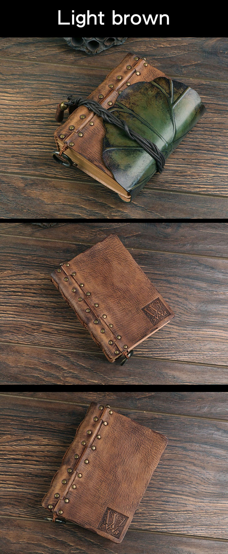 Pu&ograve; includere: Diario in pelle marrone chiaro con rivetti in ottone e un emblema decorativo. Il diario &egrave; rilegato con un cordino scuro e presenta un accento in pelle verde. La copertina &egrave; strutturata e sembra invecchiata.