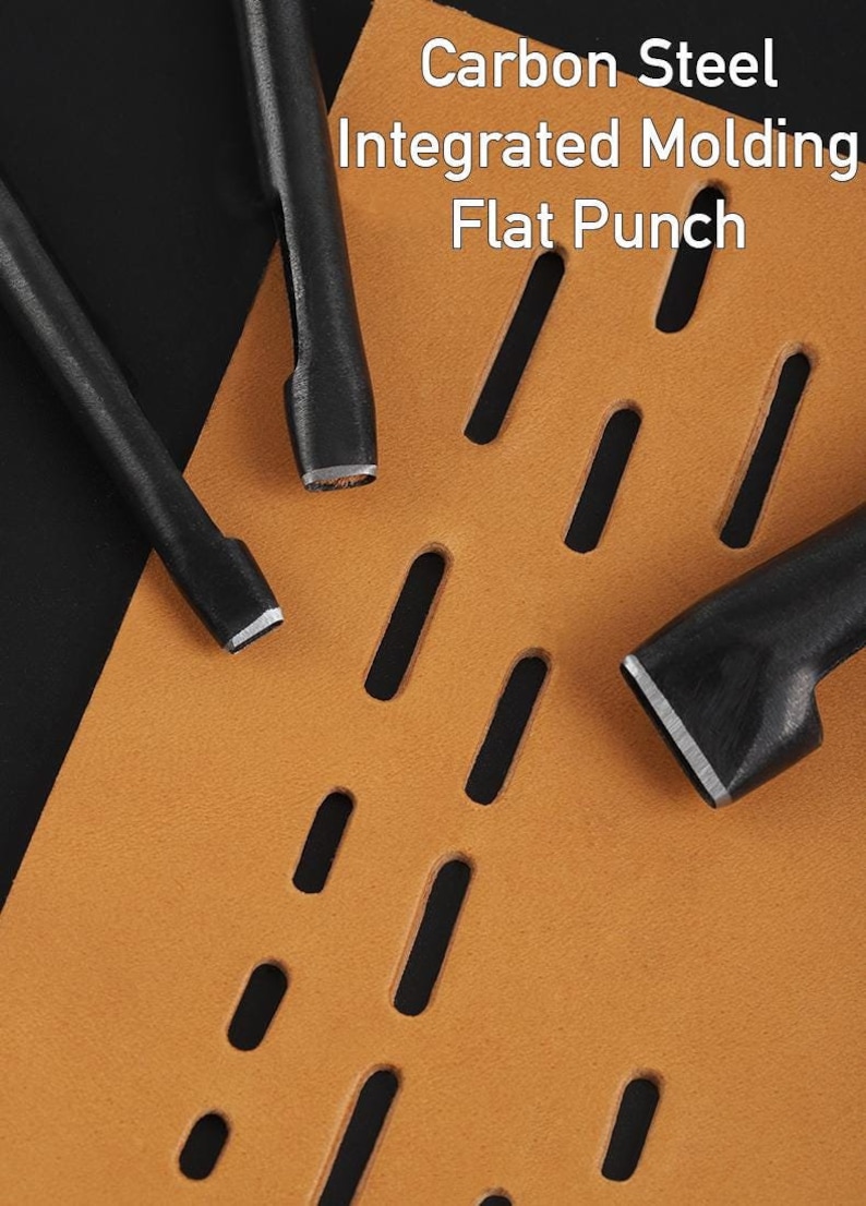 May include: Close-up of leather crafting tools. The image shows black carbon steel flat punches and a piece of tan leather with rectangular cutouts. Text on the image reads "Carbon Steel Integrated Molding Flat Punch."