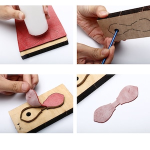 May include: A series of images showing the process of crafting a leather item. The steps include cutting, shaping, and assembling the leather pieces using tools and wooden molds. The leather is red and the molds are wooden.