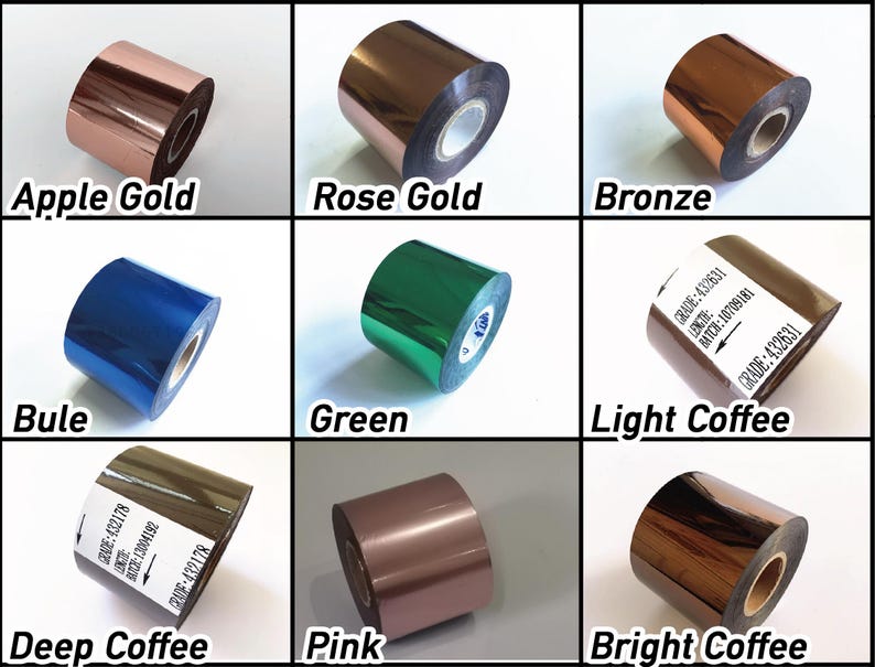 May include: Nine rolls of metallic ribbon in shades like Apple Gold, Rose Gold, Bronze, Bule, Green, Light Coffee, Deep Coffee, Pink, and Bright Coffee. Each roll is labelled with its colour name.