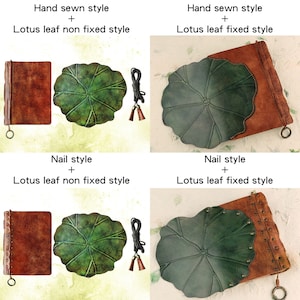 Pu&ograve; includere: Una collezione di articoli in pelle fatti a mano con un design a foglia di loto. L'immagine mostra vari stili, tra cui cuciti a mano e con chiodi, con elementi a foglia di loto fissi e non fissi. La palette di colori include marrone, verde e nero.