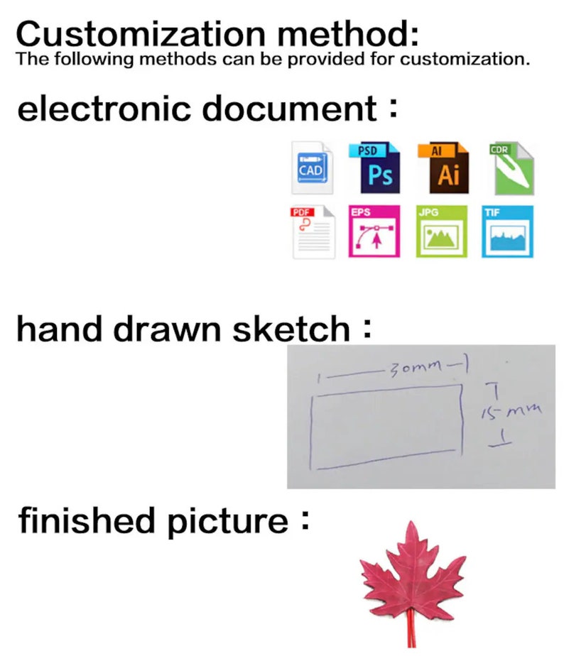 May include: Image detailing customization methods. Includes icons for electronic documents (CAD, PSD, AI, CDR, PDF, EPS, JPG, TIF), a hand-drawn sketch with measurements (30mm x 15mm), and a finished picture of a red maple leaf.