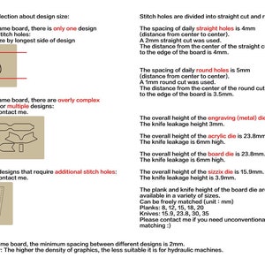 May include: A tan-colored informational graphic with text detailing design size, stitch hole spacing, and die measurements in millimeters. Diagrams illustrate design options and custom design requests. The text includes the phrase "Please contact me."