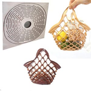 May include: An assortment of wooden laser-cut items. A square, silver-colored piece with a circular design, and two wooden net-style bags, one holding lemons and avocados. The other bag is empty.