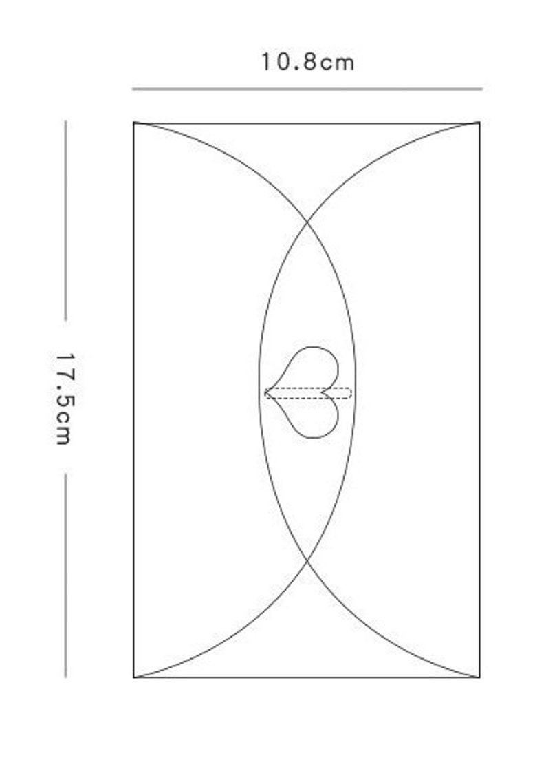 May include: A rectangular design with dimensions of 10.8 cm by 17.5 cm. The design features two intersecting curved lines, forming an oval shape. A heart-shaped detail is centered within the oval, with a dashed line.