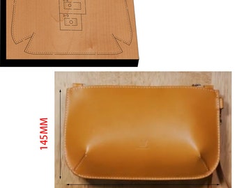 May include: A tan leather handbag with a rectangular shape, measuring 230mm in length and 145mm in height. The image also shows a wooden die-cut template with the bag's outline and text "XF123 # 3-1".