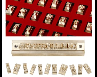 Juego de sellos de cuero con alfabeto, números y símbolos; sello de cobre intercambiable personalizado; sello de madera y cuero para repujado con ranura en T.