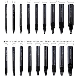 May include: A set of black leathercraft hole punch tools in various sizes, labeled with dimensions in millimeters. The tools are arranged in rows, with each punch having a cylindrical body and a cutting edge. The brand name "WUTA" is printed on each tool.