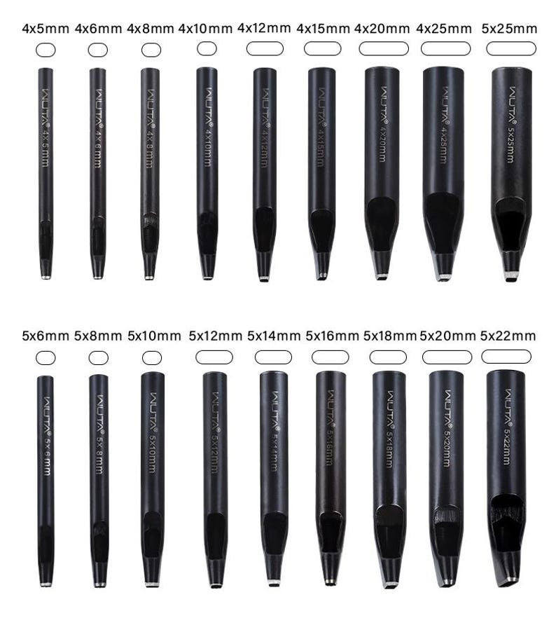 May include: A set of black leathercraft hole punch tools in various sizes, labeled with dimensions in millimeters. The tools are arranged in rows, with each punch having a cylindrical body and a cutting edge. The brand name "WUTA" is printed on each tool.