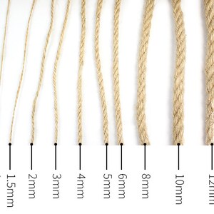 May include: A selection of natural jute rope samples, ranging from 1mm to 12mm in diameter. Each rope sample is labeled with its size in millimeters, showcasing the varying thicknesses and textures of the rope.