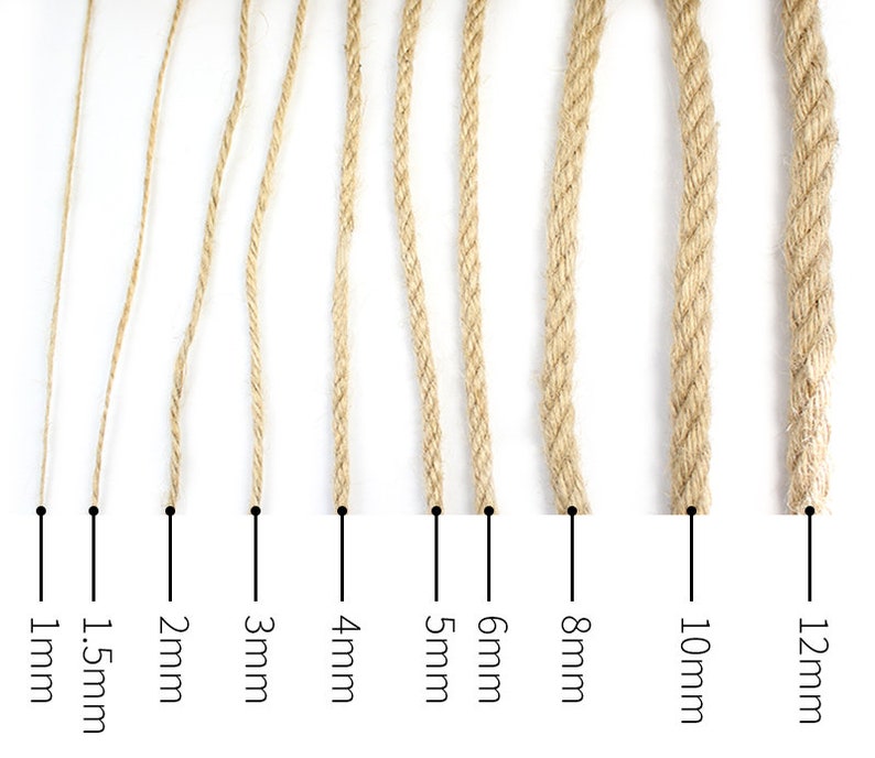 May include: A selection of natural jute rope samples, ranging from 1mm to 12mm in diameter. Each rope sample is labeled with its size in millimeters, showcasing the varying thicknesses and textures of the rope.