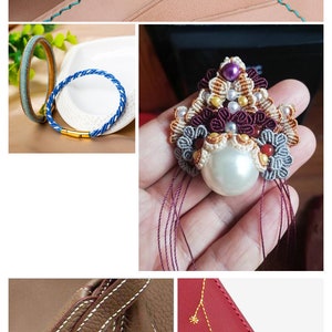 May include: A collage of handcrafted items. Includes close-ups of leather goods with teal and white stitching, two braided bracelets, and an ornate beaded brooch with a large pearl. Also shown is a red leather item with gold embroidery.