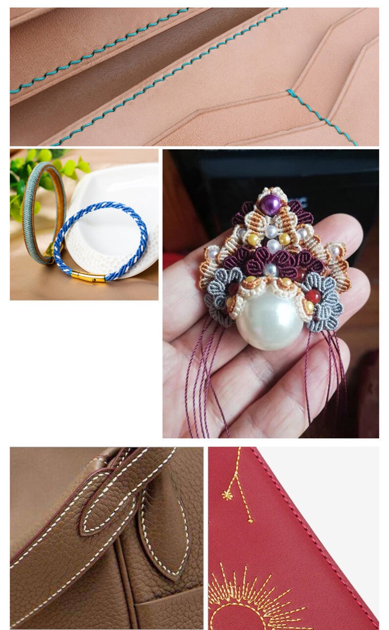 May include: A collage of handcrafted items. Includes close-ups of leather goods with teal and white stitching, two braided bracelets, and an ornate beaded brooch with a large pearl. Also shown is a red leather item with gold embroidery.
