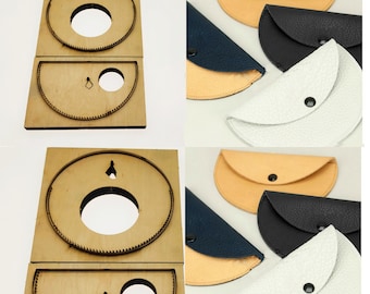 May include: A collection of leather goods, including small, semi-circular coin purses in various colors: tan, navy, black, and white. Also shown are wooden die-cut templates with circular and semi-circular shapes, likely for crafting.
