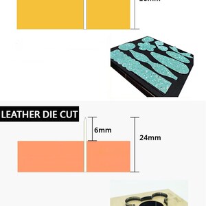 May include: Diagrams showing die cut measurements. The Sizzix die cut is 4mm wide and 16mm high. The Leather die cut is 6mm wide and 24mm high. Examples of cut shapes are shown, including a Mickey Mouse head.