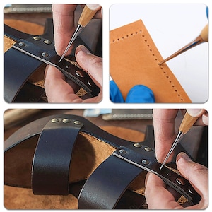May include: Close-up shots of leatherworking tools in use. A leather punch tool is used to create holes in black leather straps, and a needle is used to stitch the leather. The leather is brown and black.