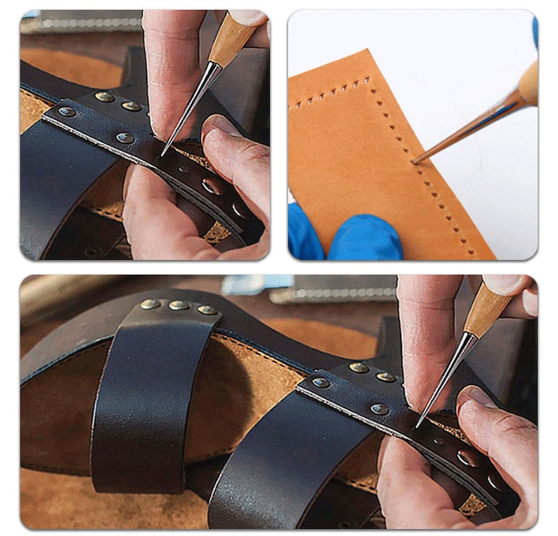 May include: Close-up shots of leatherworking tools in use. A leather punch tool is used to create holes in black leather straps, and a needle is used to stitch the leather. The leather is brown and black.