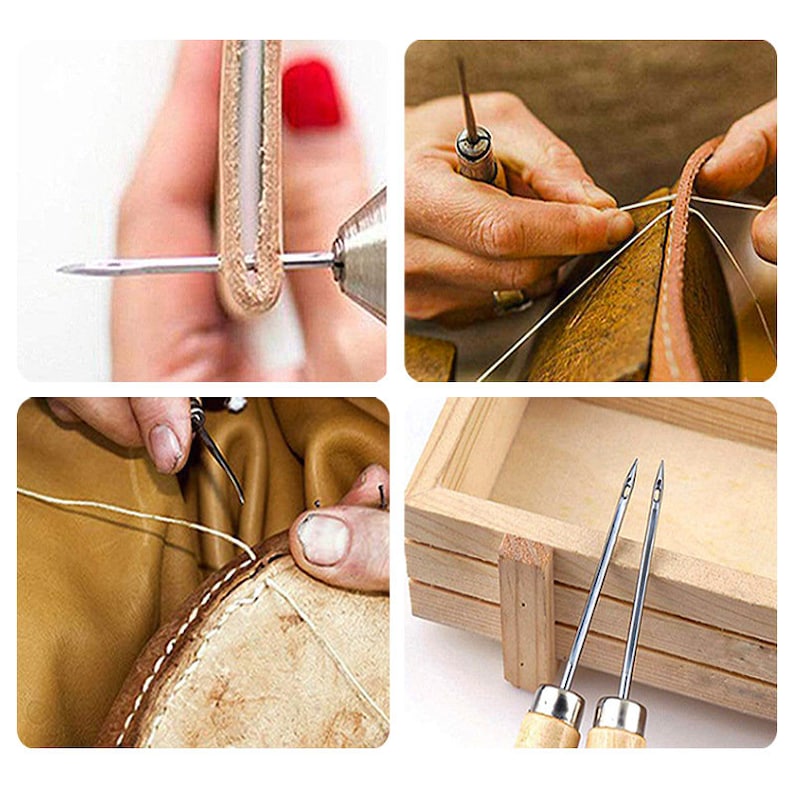May include: Close-up shots of leatherworking tools and techniques. Images show needles being used to sew leather, including a close-up of a needle being inserted into leather with a drill. The tools include needles with wooden handles.