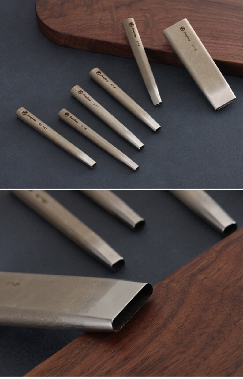 May include: A collection of silver metal leather working tools, including punches of different sizes and a rectangular tool. Each tool is marked with a size and a logo. The tools are arranged on a dark surface and a wooden cutting board.