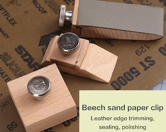 Clip de papel de lija de haya, soporte de papel esmerilado con borde de cuero, recorte, sellado y pulido de bordes de cuero hechos a mano, herramientas de cuero